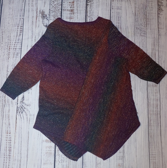 Asymmetrical Sweater, 3/4 sleeves, reddish orange, purple, green , 1X - Picture 2 of 11